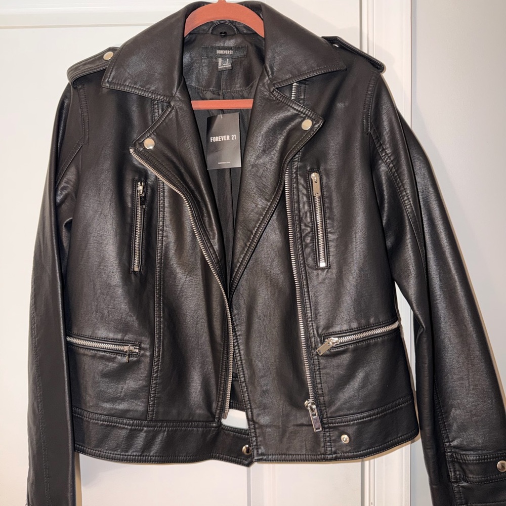 Forever 21 Black Faux Leather Biker Jacket with Silver Hardware